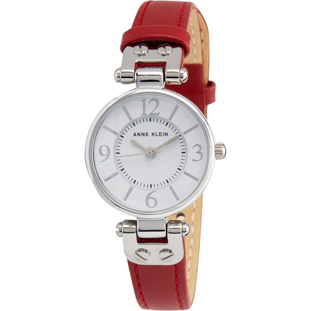 Women's Red/Silver Domed Mineral Crystal Lens Leather Strap Buckle Closure Watch